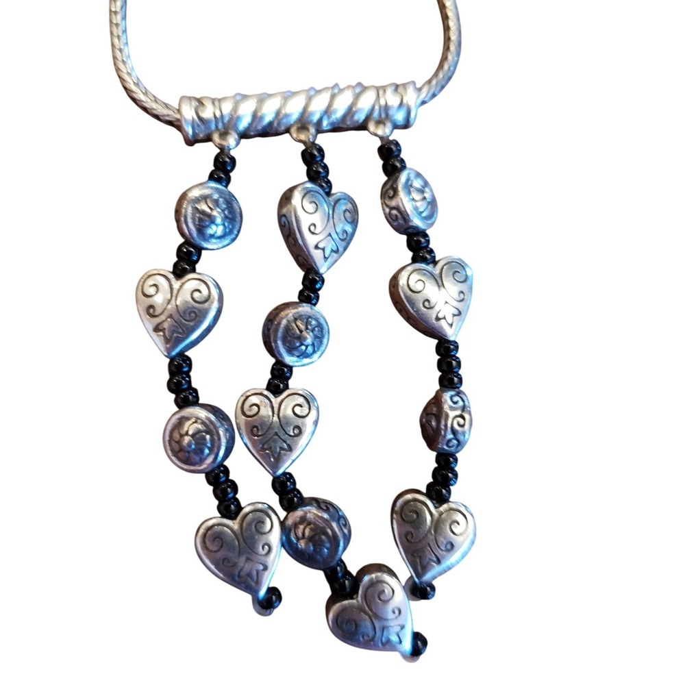 Brighton Silver Tone Heart Dangle Drop Necklace with Black Beads